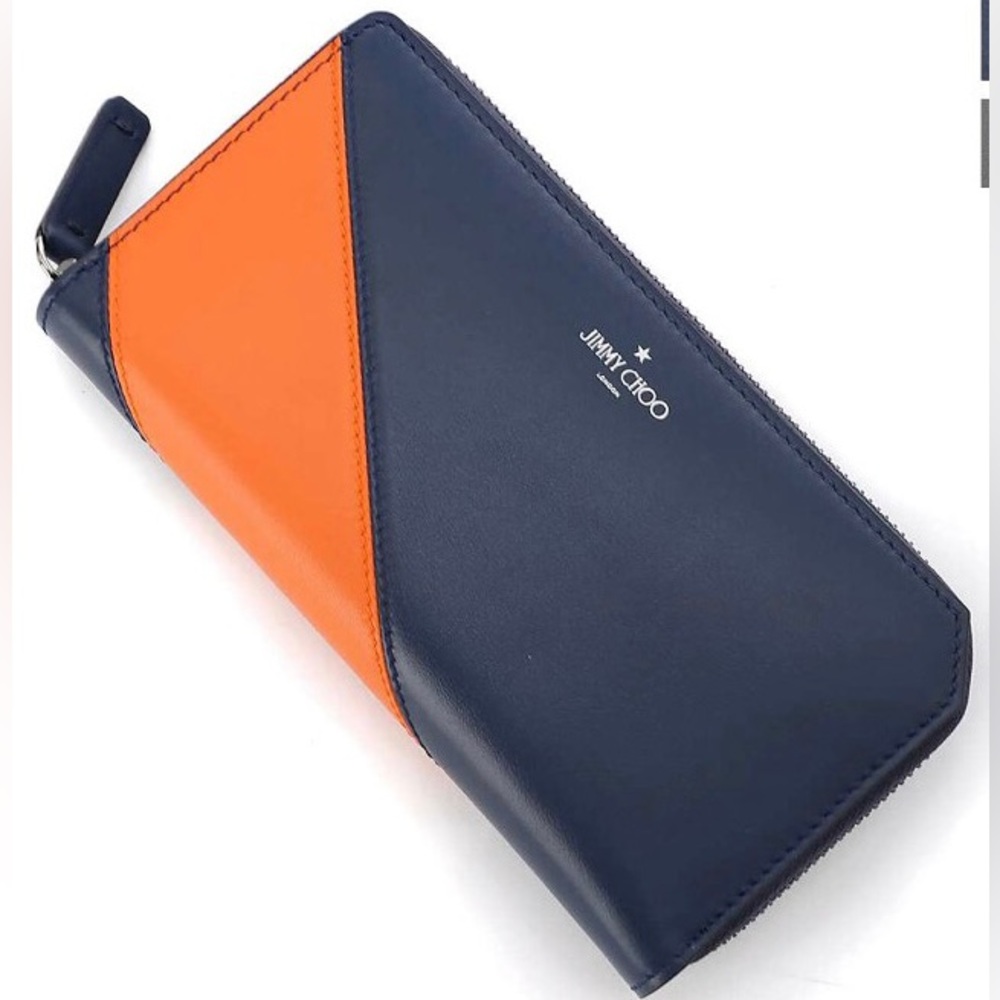 Like New Unisex Jimmy Choo Zip-around Leather Continental Wallet In Navy/Orange